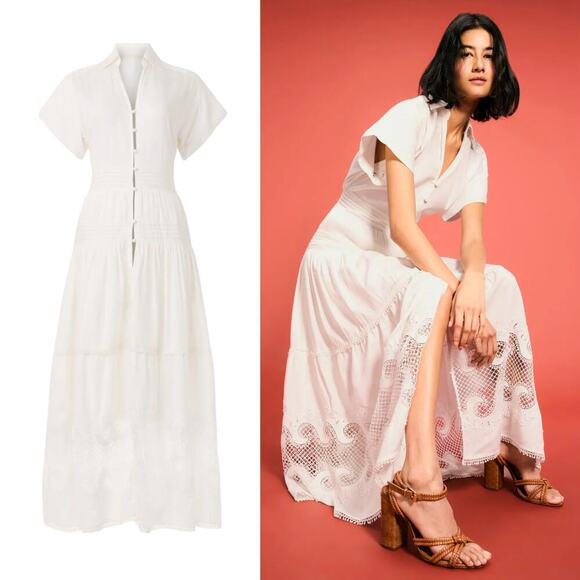 Maje Dresses & Skirts - Maje Dress Embroidered Lace Button Front Ruffled Tiered Maxi A-Line White 38